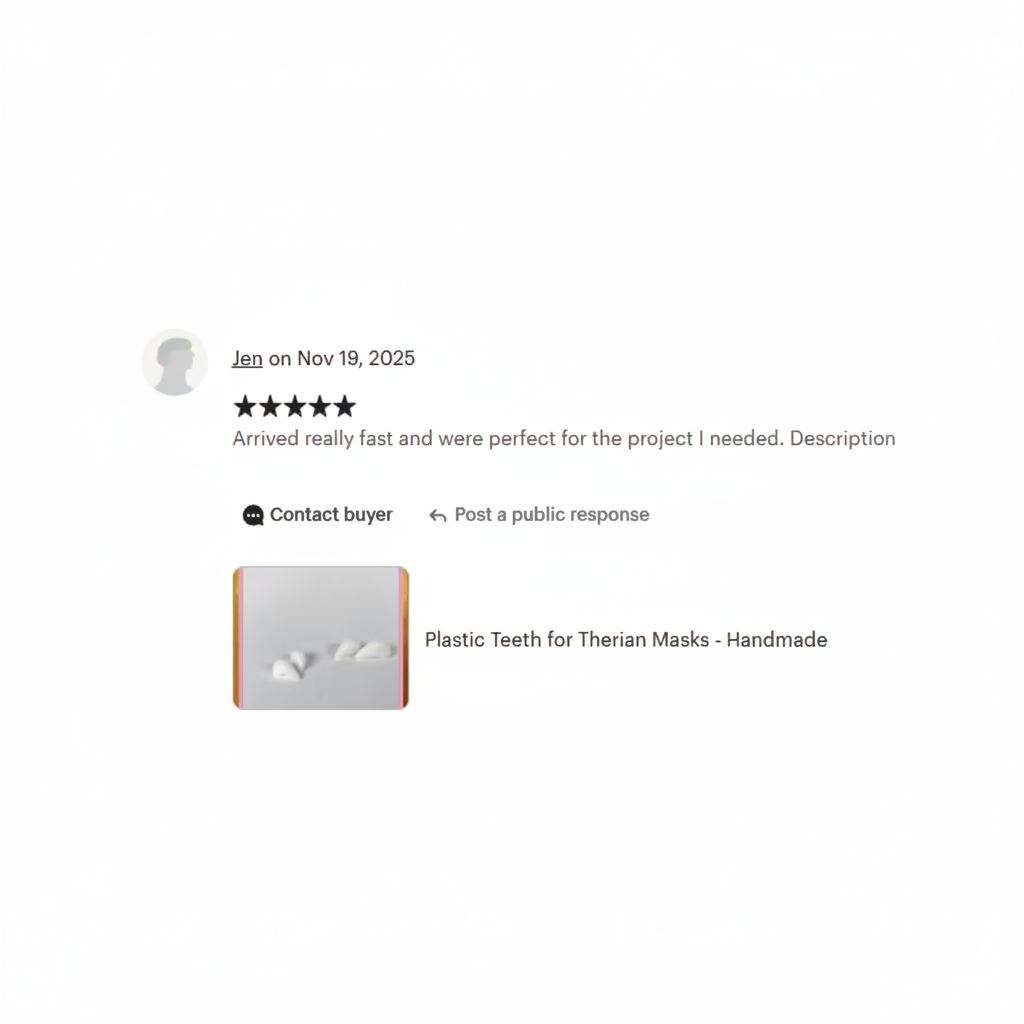 Product review for plastic teeth for therian masks with a white background