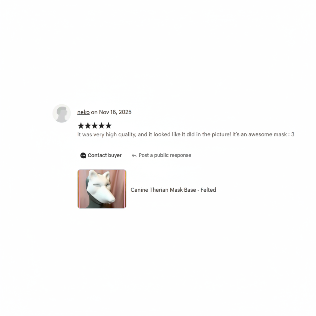 Product review for a canine therian mask base with a five-star rating and text comment.